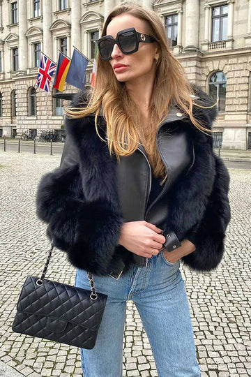 Czarna przycięta bluza na zamek skórzana kurtka ze sztucznego futra